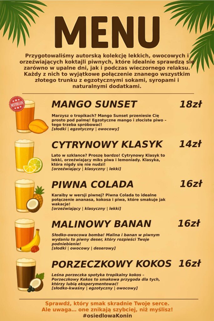 Letnia oferta koktajli piwnych w Osiedlowej – Mango Sunset, Cytrynowy Klasyk, Porzeczkowy Kokos